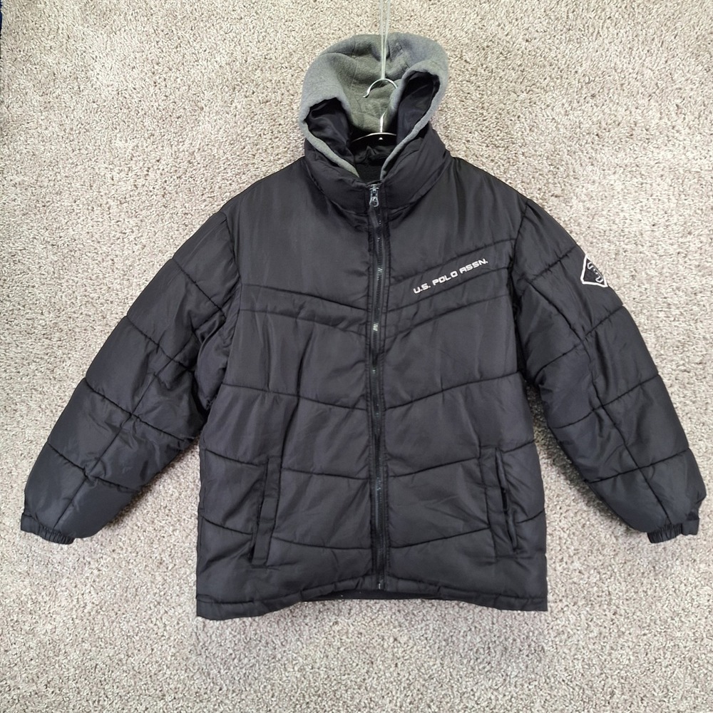 U.S. Polo Assn. Puffer Jacket Boys L 14/16 Black Hooded Winter Coat Sporty Warm